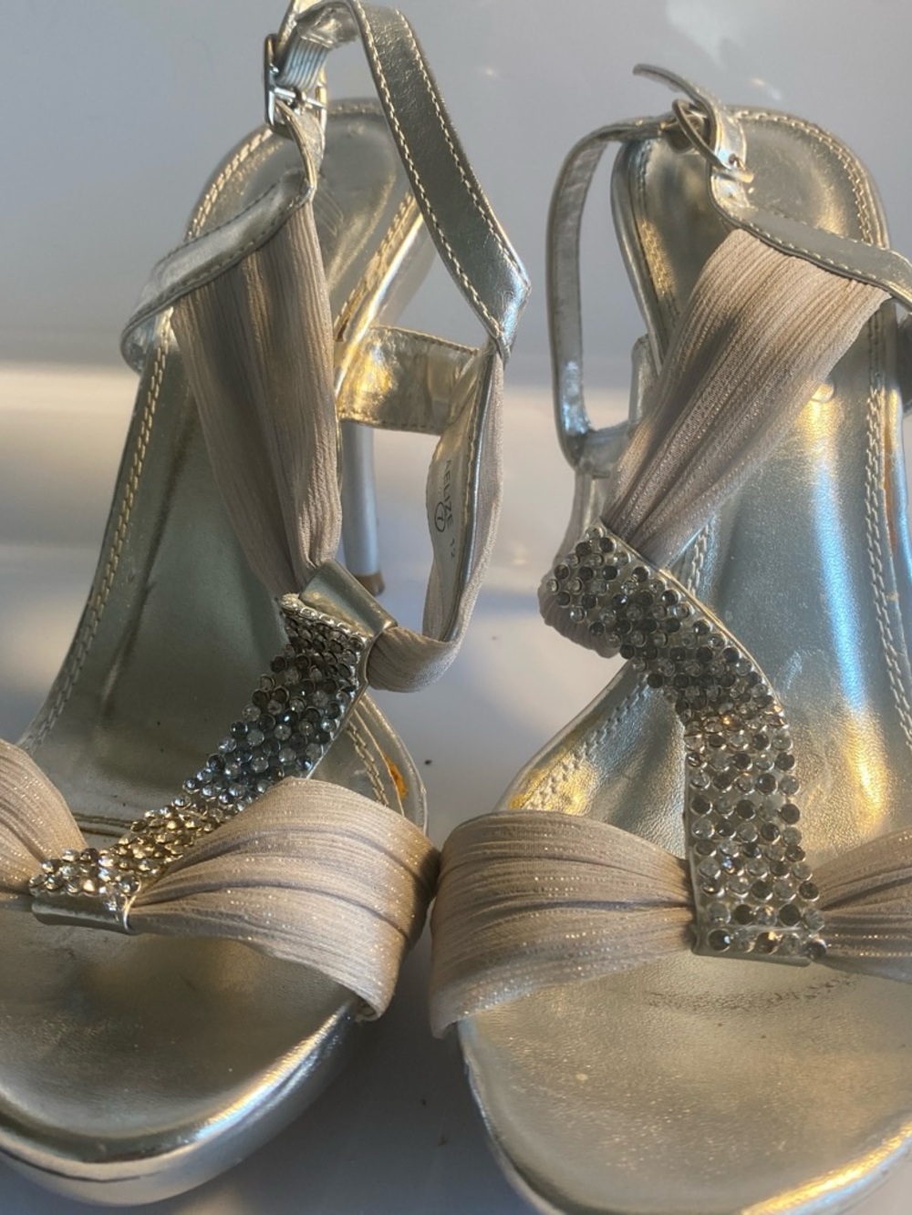 Michaelangelo Silver and Beige Rhinestone T-Strap Heels